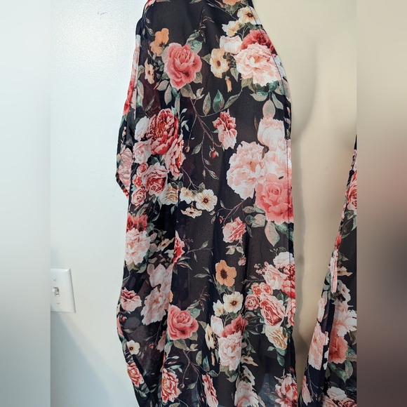 Women's Floral Print Puff Sleeve Kimono Chiffon Loose Cover Up - Size Small - Picture 5 of 12